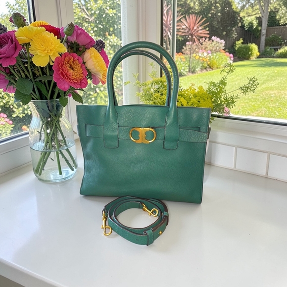Tory Burch Graphite Pebbled Leather 2-way Tote Bag With Gold Accent